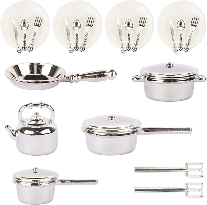 26 Pieces Dollhouse Miniatures Kitchen Set Metal Miniature Baking Set Include Mini Pots Mini Pans Plates Knife Fork Spoon for Dollhouse Party Decoration Supplies
