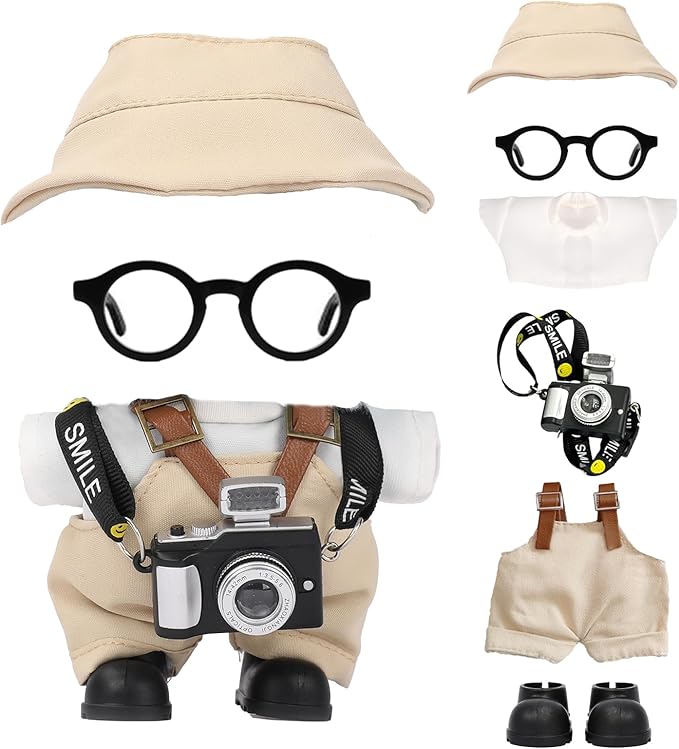 17cm Doll Clothes Set, Hat & Overalls & Shirt & Shoes & Glasses & Camera Set for 17cm Accessories Suit, Stylish Dolls Clothes Accessories, Cute Clothes for Dress up Unique Style (Beige)