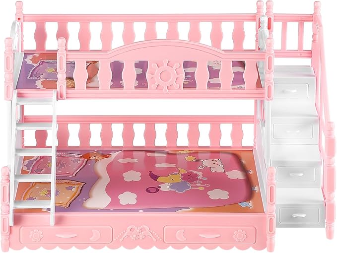 DOITOOL Dollhouse Bunk Bed Miniatures Plastic Bunk Bed 1/12 Scale Doll House Furniture with Bedding Pretend Play Dollhouse Accessory for Kids