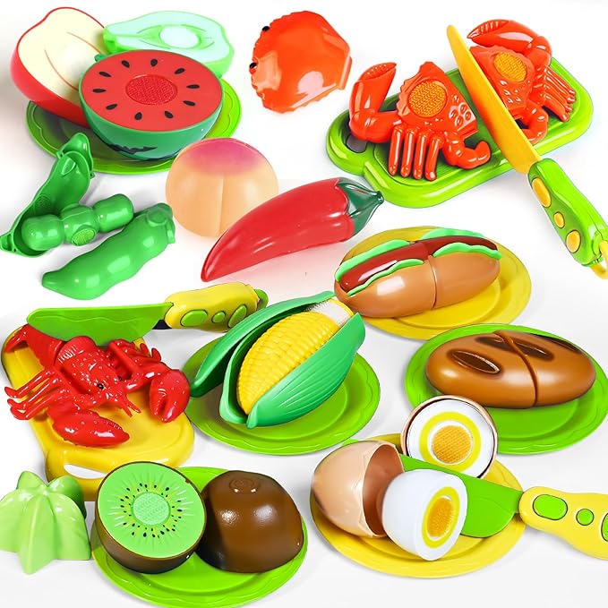 100 PCS Cutting Play Food Toy for Kids Kitchen, Pretend Food Toys for Toddlers, Play Kitchen Toys Accessories with 2 Baskets, Fake Food/Fruit/Vegetable, Birthday Gifts for 3 4 5 6 Years Old Boys Girls