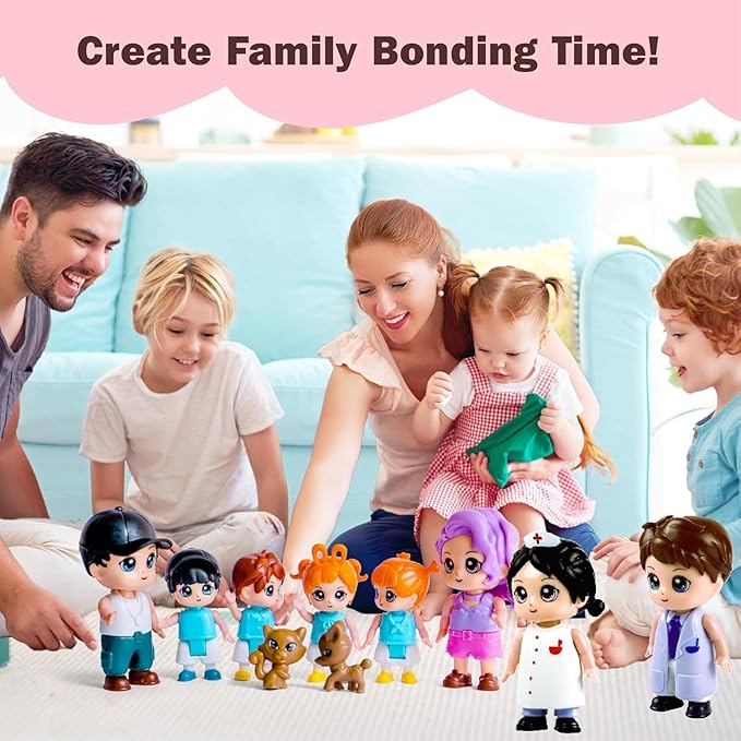 FUNERICA Dollhouse People Figures Playset - Dollhouse Family Little Play Figurines Doll House Accessories Toys -(Family Figures with Car, Pets, Doctor & Nurse)
