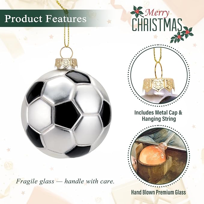 3.15” Christmas Soccer Ball Glass Blown Ornament, 2025 Hand-Painted Small Mini Sports Ball Decoration for Boys and Girls, Xmas Tree Holiday Decor Kids Themed Party Gifts