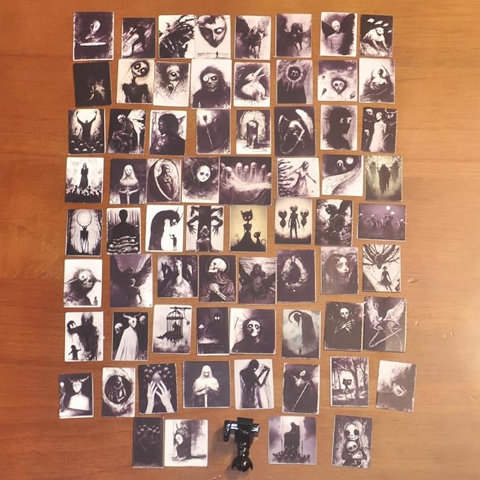 EKKZ 69Pcs Miniature Horror Diorama Set: Mini Black,DSLR Camera Prop, Gothic Posters & Abstract Art for 1:6 Scale Dollhouses - Creepy Display Decor for Adults