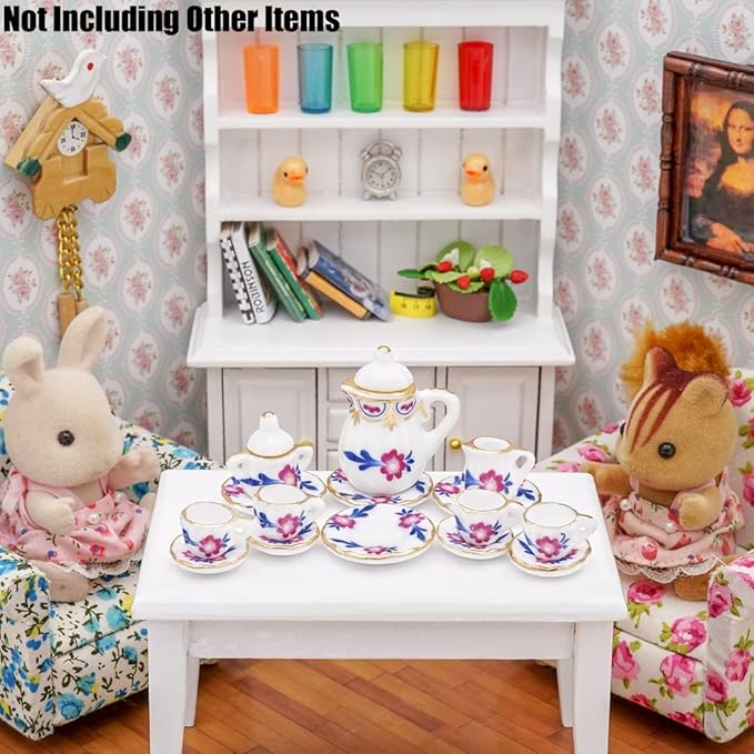 Odoria 1/12 Miniature Porcelain Tea Set 15Pcs Dollhouse Decoration Accessories, Purple Blossom