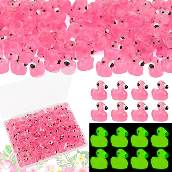 100 Pcs Luminous Mini Resin Flamingo Ducks, Tiny Ducks Figurines to Hide Miniature Pink Flamingo Glow in The Dark Small Animals for Micro Garden Cake Topper Landscape Aquarium Dollhouse Home Decor