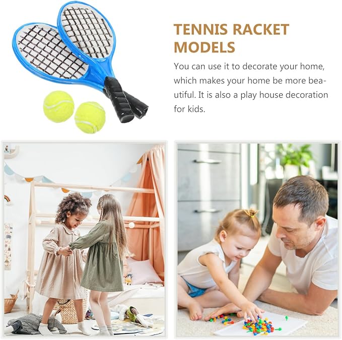 Garneck 4pcs Miniature Simulation Tennis Racket and Ball Models Mini Tennis Decorations Small Sport Accessories for Micro Landscape Fariy Garden DIY Decor (2pcs Rackets + 2pcs Balls)