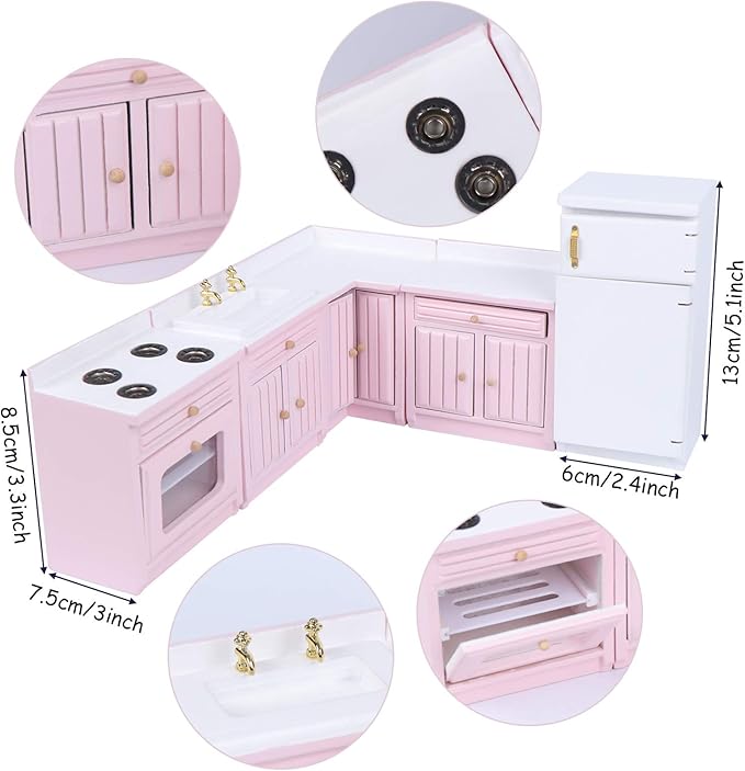 Haomian Dollhouse Kitchen Furniture Kit 1:12 Dollhouse Miniature Wooden Kitchen Cabinet Fridge Set Dining Room Furniture for 1:12 Doll House Miniatures Scenes Accessories