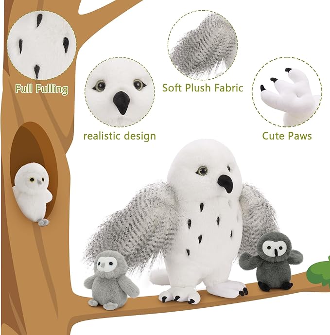 4Pcs Owl Plush Set, Giant Mother Owl Stuffed Animal with 3 Baby Owls Inside, 18" Cute Stuffed Owl for Girls Boys Kids, Soft Owl Plushie Gift for Christmas Birthday Baby Shower, White