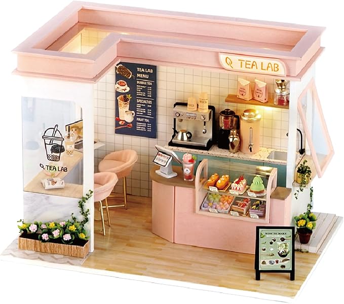 CRIOLPO Miniature House Kits for Adults, DIY Doll Room Miniature Furniture House Kit, Wooden Dolls House, Tiny House Model Kits, Craft Your Own Wooden Doll House - Sunshine Milk Tea Shop