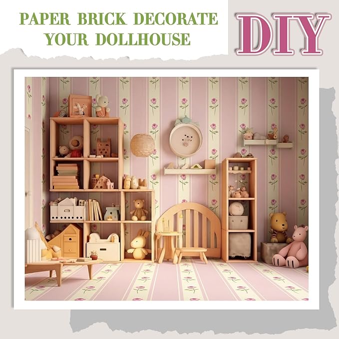 Flutesan 12 Pcs Miniature Dollhouse Wallpaper and Flooring Peel and Stick Mini DIY Self Adhesive Dollhouse Accessories 8.27 x 11.69 Inch (Pink Flower)