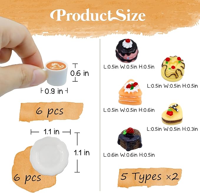 Hiawbon 24 Pcs Miniature Food Kitchen Decoration Sets 1:12 Miniature Coffee Mugs Cakes Dessert Model Pretend Coffee Food Miniatures Decor Cake Toppers for DIY Mini Kitchen Micro Landscape
