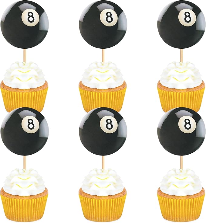 Ercadio 24 Pack Double Sided Pool Ball Cupcake Toppers Sports Cupcake Picks Birthday Cake Decorations Baby Shower Sports Theme Party Cake Decorations