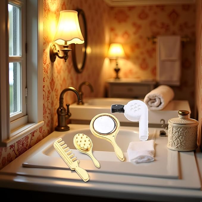 Miniature Comb and Hair Dryer Set for Dollhouses, 4Pcs Mini Bathroom Accessories, Mirror and Makeup Decor for Dollhouse Displays