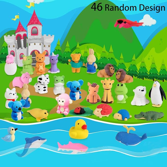 46Pcs Animal Erasers Desk Pets for Kids Animal Pencil Erasers Bulk Puzzle Eraser Toys Gifts for Classroom Prizes,Game Reward,Treasure Box,Easter Egg Fillers,Goodie Bag Stuffers,Party Favors