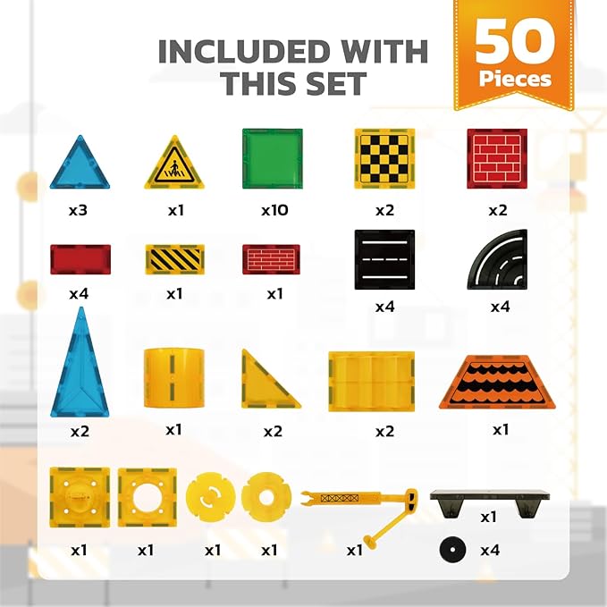 Magnetic Tiles Car Set Truck Kit Toy with Stronger Magnets, Educational Magnet Cars with Re-Enforced Hitch and Long Bed for Girls Boys Toddler Ages 3+ (50 PCS Builder)