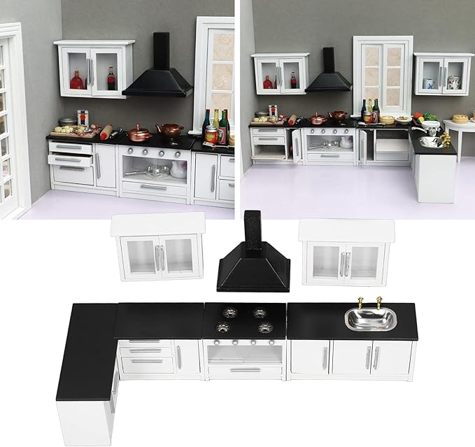 JTLB 7pcs 1:12 Mini Dollhouse Kitchen Cabinet Simulation Life Scene Dollhouse Modern Kitchen Set