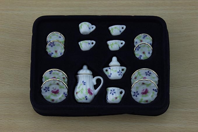 Dollhouse Decoration Accessories, 1:12 Dollhouse Miniature Scene Model 15 PCS Porcelain Teacup and Saucer Set (F, 15 Pcs)