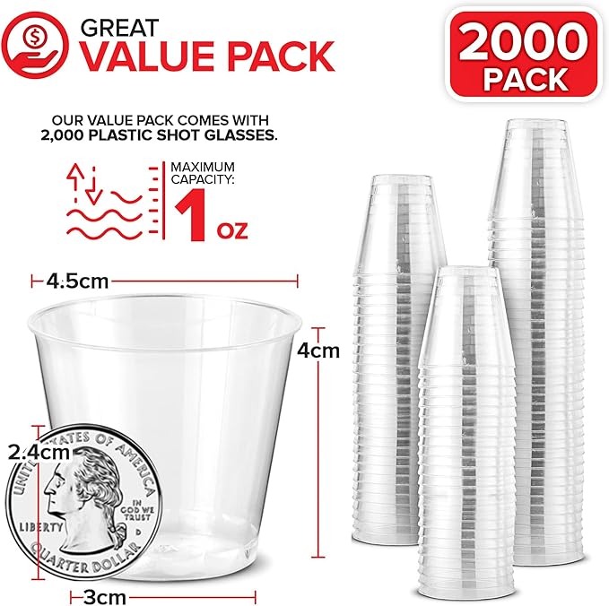 Stock Your Home 1 oz Shot Glasses (2000 Pack) - Clear Plastic Disposable Shot Cups for Jello Shots - Sample Cups for Food and Wine Tasting - Mini Party Cups for Condiments, Dipping Sauce, Holidays