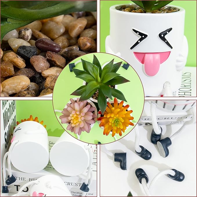 LUZOGA 3 Pcs Cute Fake Plant Mini Potted Succulents with Hanging Leg White Pot Creative Artificial Succulent Plants in Funny Pot Faux Succulents for Home Office Shelf Desk Decor and Gift Choice