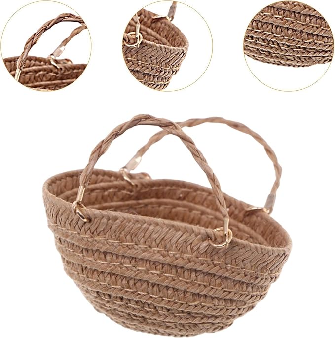 RCULWPLP 1/12 Scale Dollhouse Woven Handbag, Miniature Furniture Accessory, DIY Play Item, Tiny Basket, Khaki
