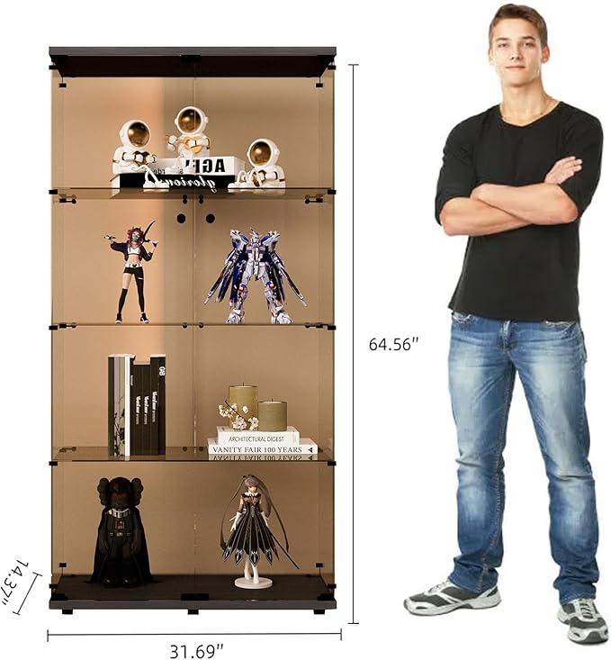 Glass Display Cabinet with Lights and Lock, 4-Tier Display Case Curio Cabinet with Glass Door, Floor Standing Showcase for Living Room Bedroom Home Office 31" W x 14.3" D x 64.5" H