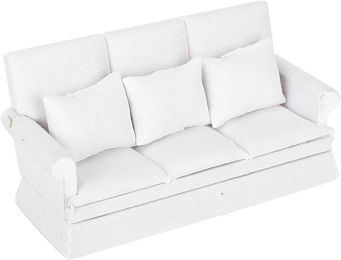 1:12 Scale Dollhouse Sofa with 3 Pillows, Miniature White Wooden Living Room Furniture for Doll House, Realistic DIY Scene Decoration and Collectible Accessory