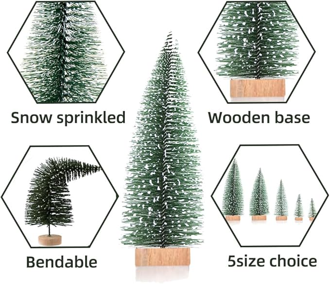 Yahpetes Christmas Tree 30 Pcs Artificial Christmas Trees Bottle Brush Trees with 5 Sizes, Sisal Snow Trees with Wooden Base for Christmas Crafting and Designing(Silver,Green,Dark Green, 30Pcs)