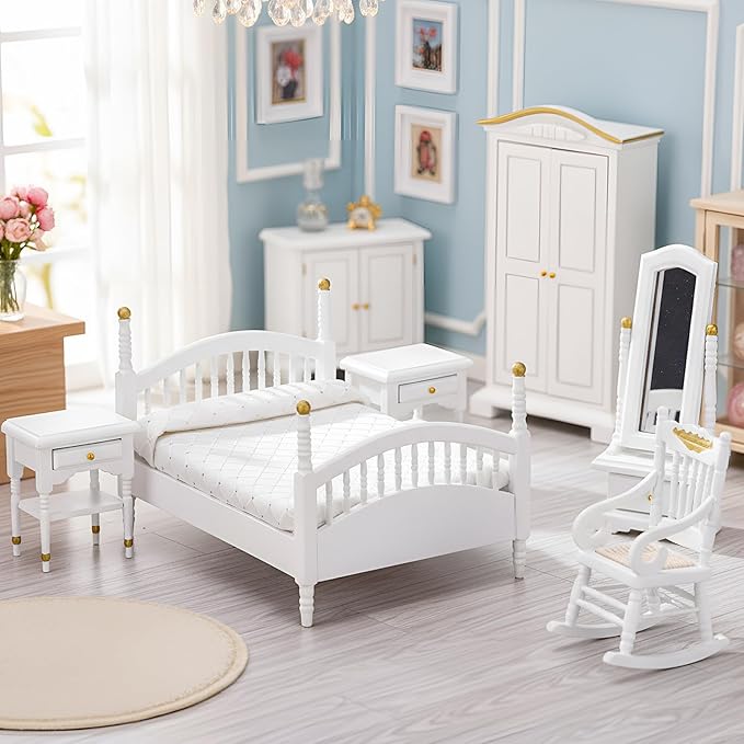 Skylety 7 Pcs Victorian Dollhouse Furniture 1: 12 Scale Dollhouse Bedroom Furniture Set for Adults Toys Miniature Doll House Accessories