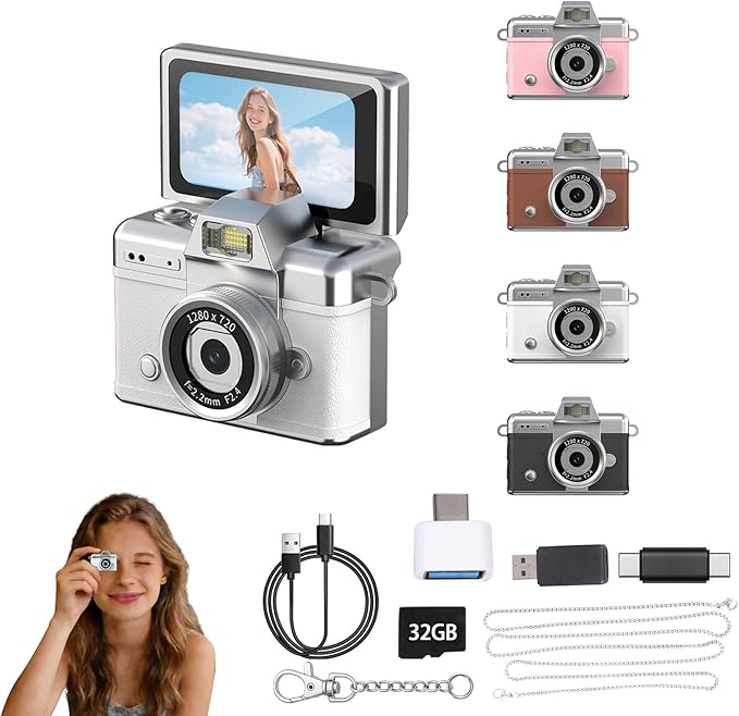 Pyxfeiiu Mini Keychain Camera,1080p Video Mini Digital Camera,Retro Flip Screen Small Bodycam,with Adapter and 32GB Card (Expandable to 128GB),USB Charging Long Battery Life for Kid,Travel,Vlog