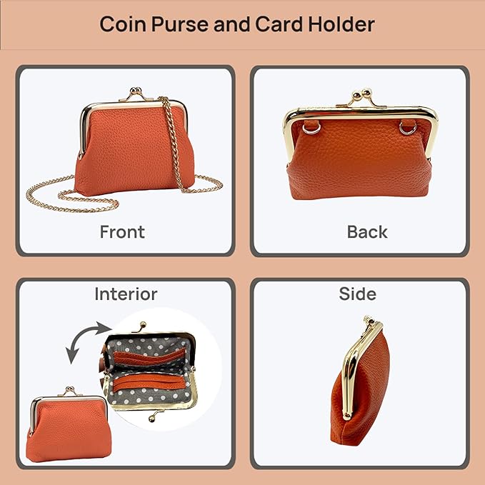 Cute Small Coin Purse & Credit Card Holder for Women Fashion Crossbody Chain Wallet Leather Coin Pouch Change Purse for Cash Key (Orange)