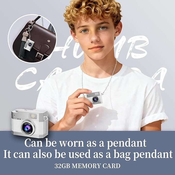 ‌Mini Keychain Digital Camera White - HD Mini Digital Camera with 0.96" Flip Screen & 32GB Card, Portable Wearable Keychain Camera for Bag Charm, Necklace Pendant, Selfie, Travel, and Vlogging
