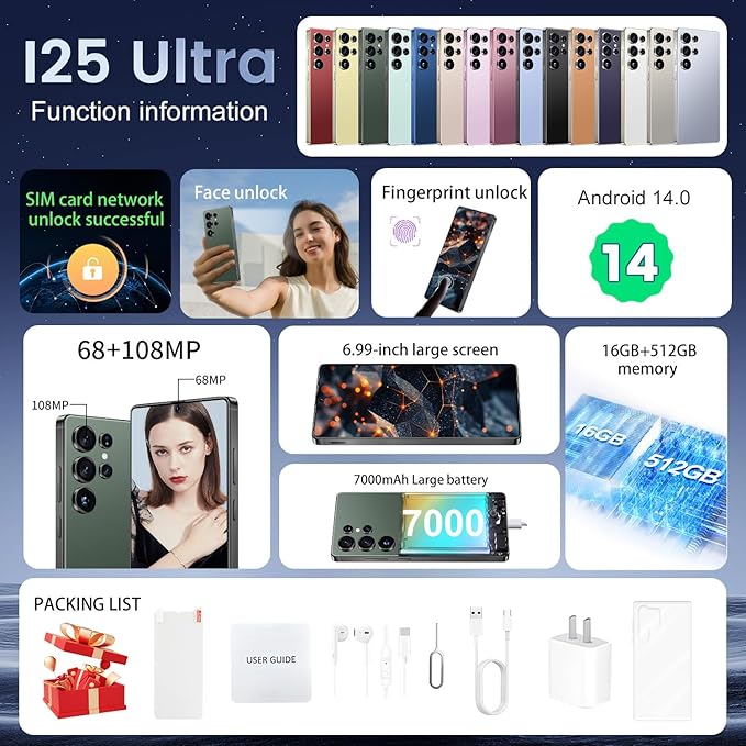 BDWJW I25 Ultra Smartphone 16GB+512GB Android 14 Smartphone, 6.99" FHD+ Display, 7000mAh Battery, 108MP+68MP Dual Camera, Built-in Pen Stylus, Fast Performance Large Memory (Green)