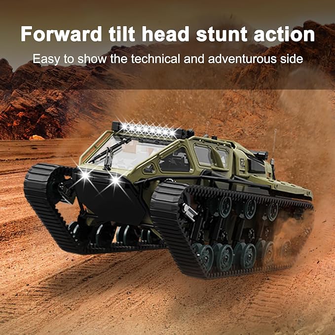 Remote Control Tank, 1:16 Scale 2.4GHz All Terrain RC Crawler, 4WD Off-Road Armored Tank, 360° Rotating Drifting Truck Toy Vehicle with Lights, Rechargeable Battery Gifts for Teens
