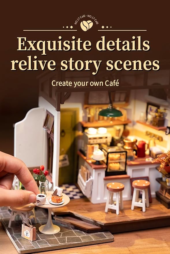 Rowood Coffee Miniature House Kit, DIY Miniature Dollhouse Kits Gifts for Adults to Build, Mayberry Street Miniatures, Wooden Adults Crafts, Mini Model Kits with LED, Birthday for Adult(NO.17 Cafe)
