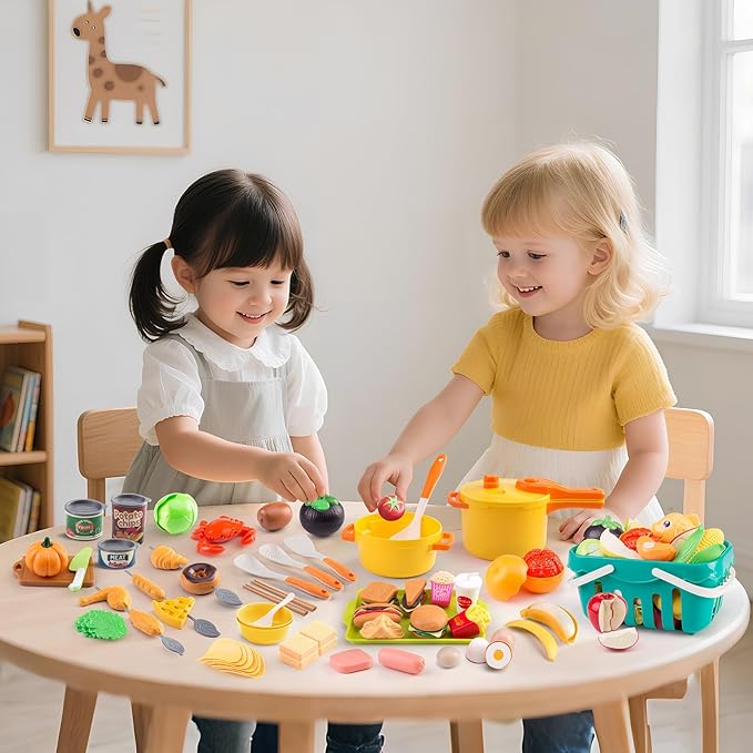 240Pcs Kids Mini Play Kitchen Accessories, Play Pans, Pots, Cookware with Desserts, Cuttable Veggies & BBQ Set & Storage Basket, Prop Money, Learning Gift for Child，Toddlers, Child, Yellow
