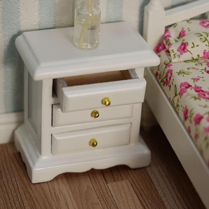 Miniature Bedside 1:12 Furniture Dollhouse Nightstand Bedroom Drawer Cabinet Model Accessories Mini House Scene Building Tabletop Decorations (White)