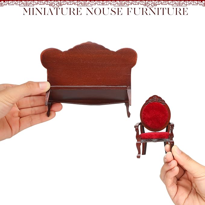 5 Pcs 1:12 Miniature Dollhouse Furniture, Include Vintage Red Wooden Carved Sofa Couch 4 Pcs Wooden Carved Single Sofa Chairs Retro Red Armchairs for Living Room Bedroom Kitchen Birthday Decoration