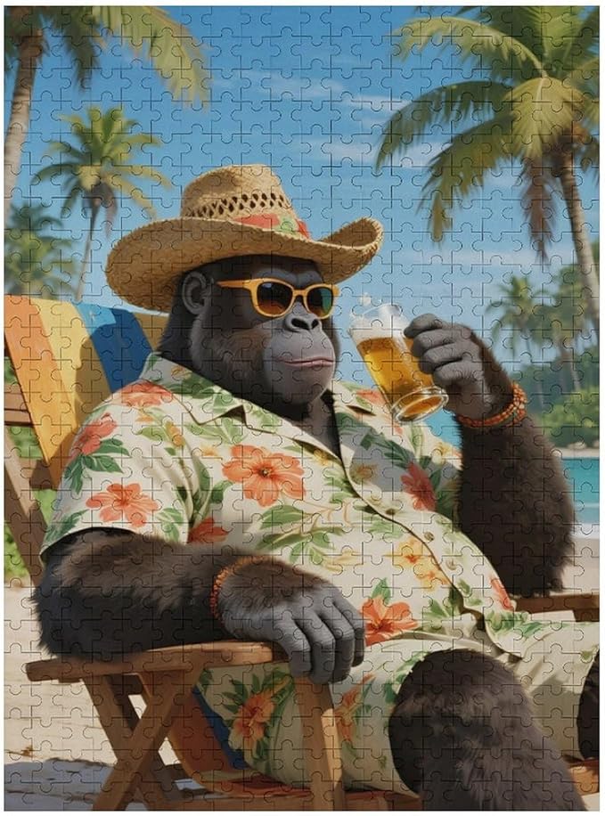 Summer Gorilla – 500 Piece Scenic Jungle Wooden Jigsaw Puzzle, Happy Summer Gorilla Scene, Mind Relaxation, Fun Hobby, Family Fun