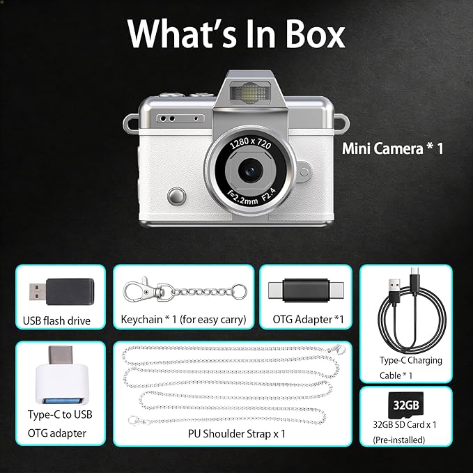 Pyxfeiiu Mini Keychain Camera,1080p Video Mini Digital Camera,Retro Flip Screen Small Bodycam,with Adapter and 32GB Card (Expandable to 128GB),USB Charging Long Battery Life for Kid,Travel,Vlog