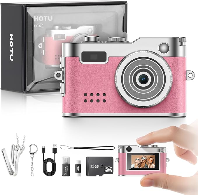 HOTU Mini Digital Camera, Keychain Camera 1080P HD with 2MP Lens, Flash, Video Recording, 32G Card Included, Portable and Compact Retro Vlog Camera for Travel, Kids, Pink