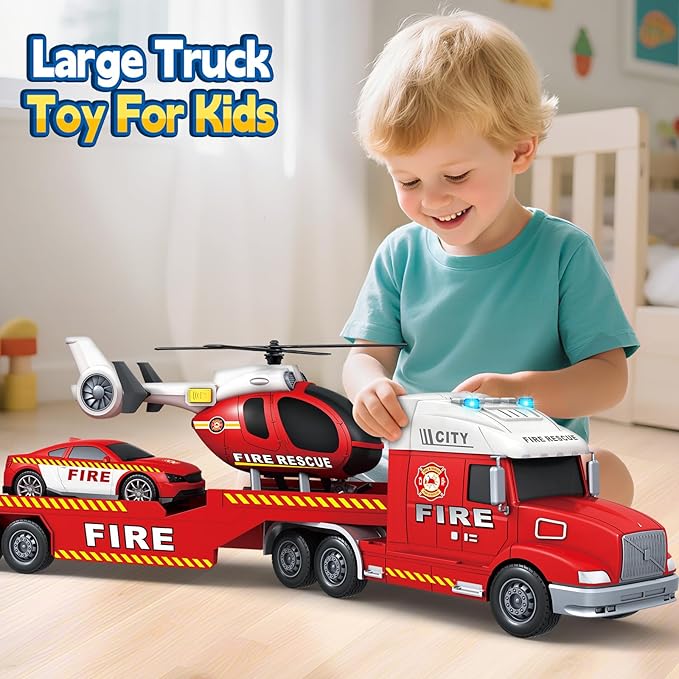 Kids Toys for 3 4 5 6 7 8 Years Old Boys, 27" Fire Truck Toy with Racing Car and Helicopter, Toddler Friction Powered Truck Vehicle Toy with Lights, Sounds for Boys Girls Christmas Birthday Gifts