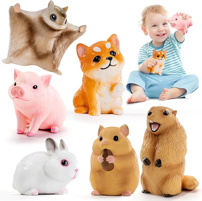 6PCS Animal Toys for Toddlers, Sensory Toys Cute Farm Animal Figures Pocket Pets Toys for Kids Includes Dog, Rabbit, Hamster, Pig Figurines Cake Toppers Birthday Gifts for Preschool Kids