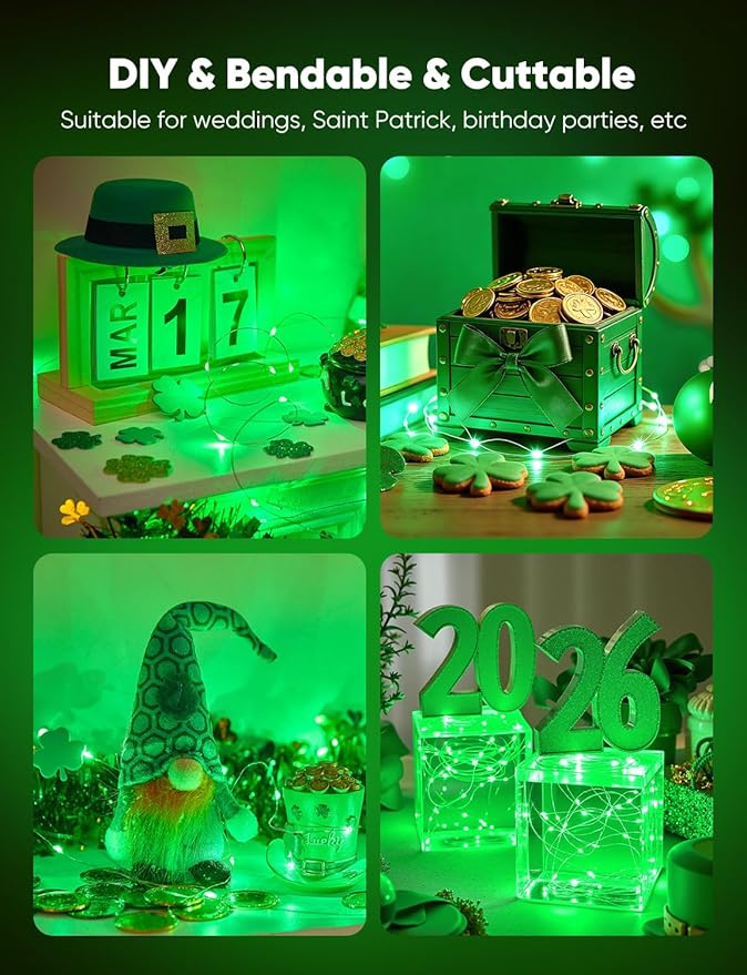 Minetom 12 Pack Green Christmas Lights, St Patricks Day Lights, 7ft 20 LED Fairy Lights Battery Operated String Lights, St Patricks Day Decorations, 8 Modes Timer Waterproof Silver Wire Twinkle Lights