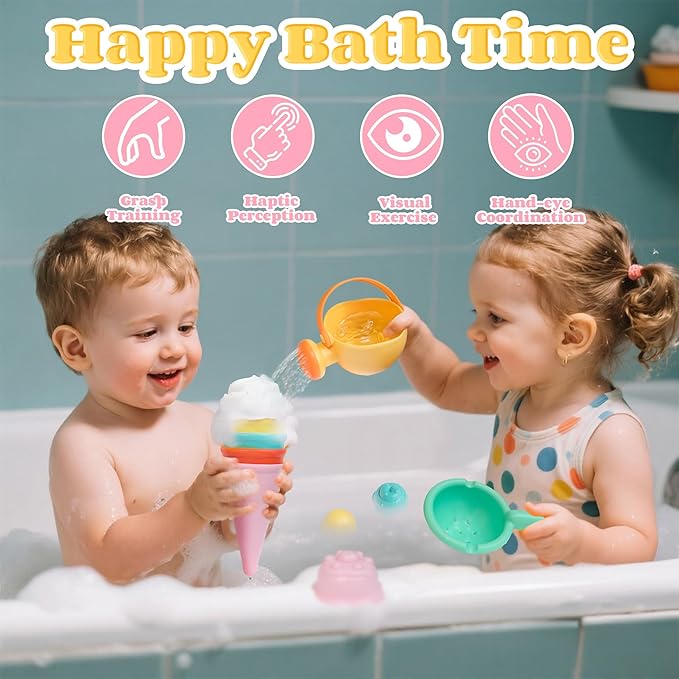 Baby Bath Toys for Kids Ages 1-3 6 PCS Ice Cream Toddler Bath Toys Mold Free Bathtub Water Shower Toys for 1 2 3 4 5 6 Years Old Girls Boys Birthday Gifts