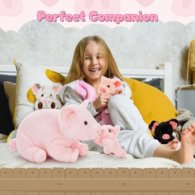 5Pcs Pig Stuffed Animal, 16 Inch Mommy Pig Plush with 4 Soft Cuddly Baby Piggy Plushies in Mother Pig's Belly, Kawaii Chirstmas Birthday Gift for Girls Boys Kids, Baby Shower Decor