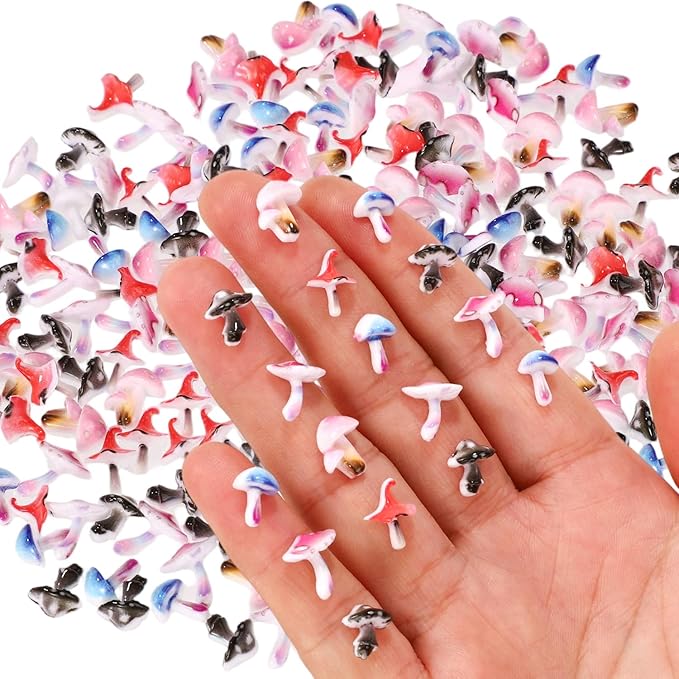 210pcs Tiny Mushroom Decor, Mini Resin Mushroom Figurines Cute Colorful Miniature Trinkets Toy Decorations Landscape Decor for Fairy Garden Dollhouse Terrarium Micro Landscaping Accessories (5 Styles)