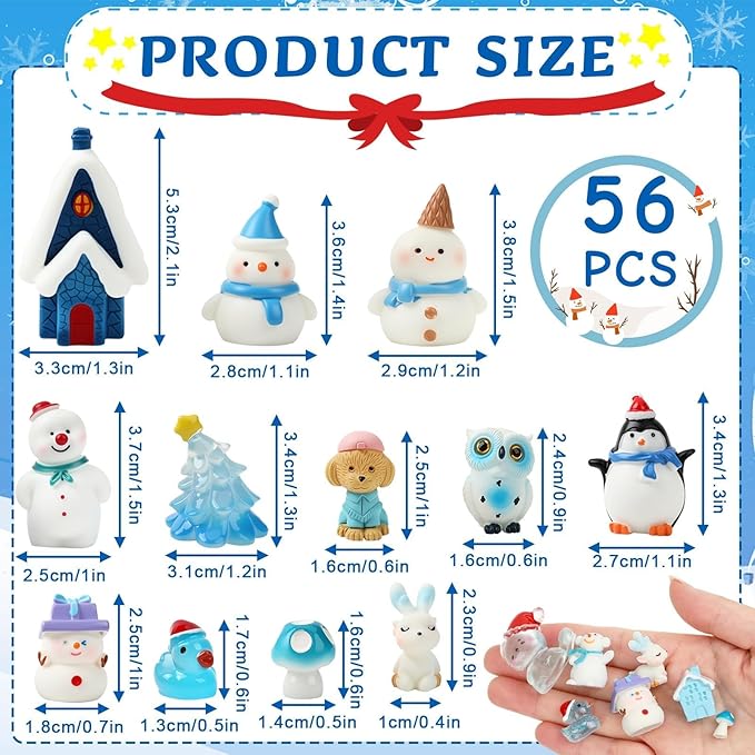 56Pcs Mini Winter Resin Figurines,Miniature Blue Snow Globe Figures Tiny Snowman Penguin Snowflake Duck Elk Christmas Tree for DIY Crafts Fairy Garden Home Decor