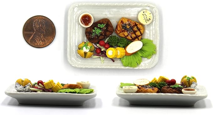 Lovely Mixed 5 Assorted Hawaiian Grilled, Steak, with Appetizer Dish Dollhouse Miniature Food, Tiny Food for Collectibles, Compatible with Barbie Dollhouse and Diorama Scale 1:6, 1/6