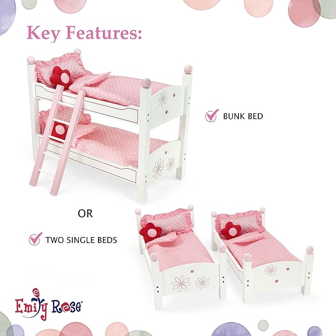 Emily Rose 18 Inch Doll Bunk Bed with Floral Bedding & Ladder | 2 Stackable Single Beds | Fits 18” American Girl Dolls, Our Generation, My Life As | USA Designed | Ages 5+ | Ideal Gift
