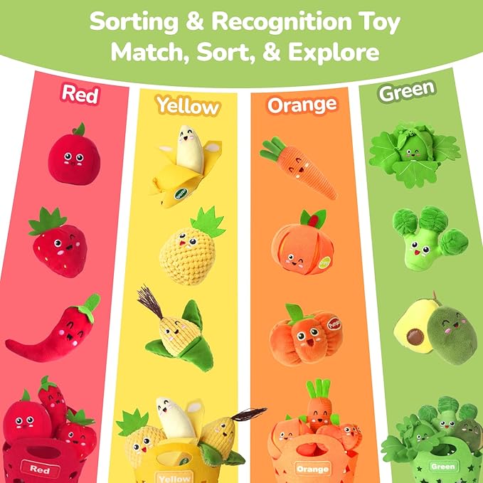Baby Sensory Toys - Plush Color Sorting Fruit Veggie Baby Toys 6-12 Months, Pretend Play Food with Rattle Crinkle for Toddlers 1-3, Montessori Toys for 1 Year Old Boys Girls Birthday